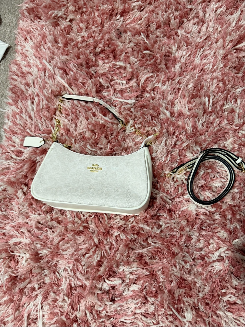 Coach White Signature Leather Shoulder Bag with Gold Chain